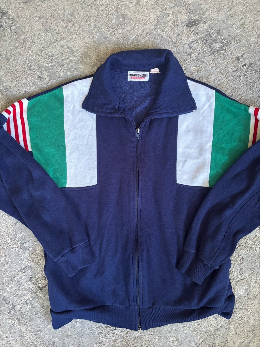 Vintage 80s Men's Navy Full-Zip Jacket with Green & White Panels M-L